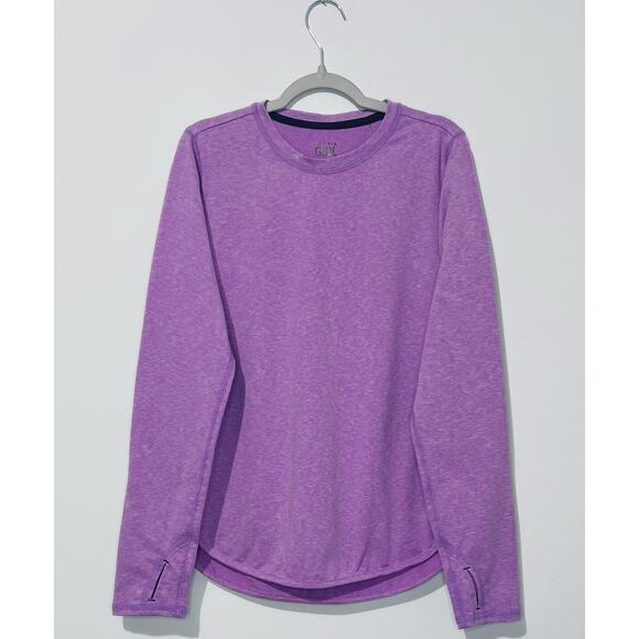 Athleta Girl Top L 12 Heather Pink Crew Neck Long Sleeve Thumb Holes Logo - Picture 1 of 5